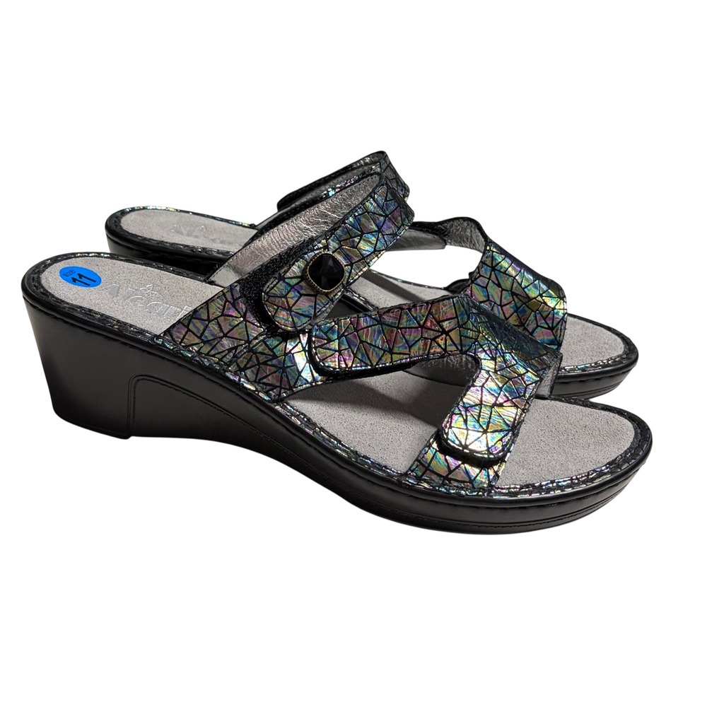 Alegria PG Lite Womens 42 11 Iridescent Mosaic Leather Wedge Sandals Slide Black